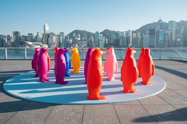 The rainbow-hued penguins at observatory deck enjoy the splendid Victoria Harbour views