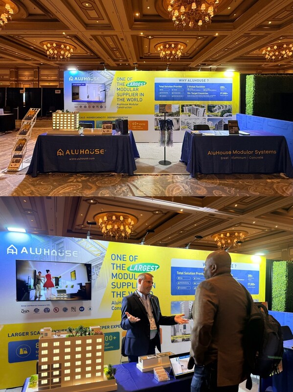 AluHouse staff introduce the upcoming U.S. multifamily project to clients at the booth