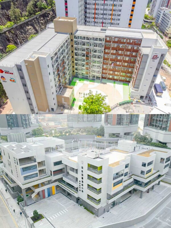 Real-life images of the awarded Choi Hing Road Transitional Housing Project and the Po Leung Kuk Siu Hon Sum Primary School project